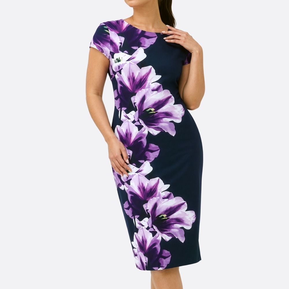Vince Camuto Cap Sleeve Dress Navy Purple Floral Large 0X Dark Botanical Chic